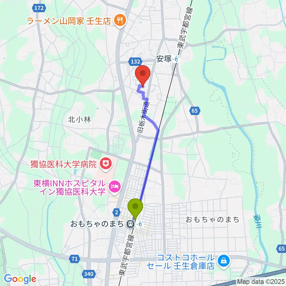 おもちゃのまち駅からL.O.A Guitar Repairへのルートマップ地図