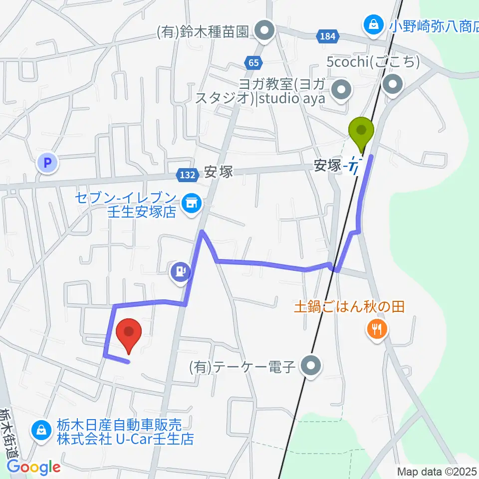 L.O.Aギターリペアの最寄駅安塚駅からの徒歩ルート（約10分）地図