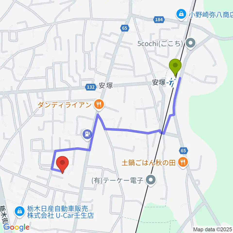 L.O.A Guitar Repairの最寄駅安塚駅からの徒歩ルート（約10分）地図