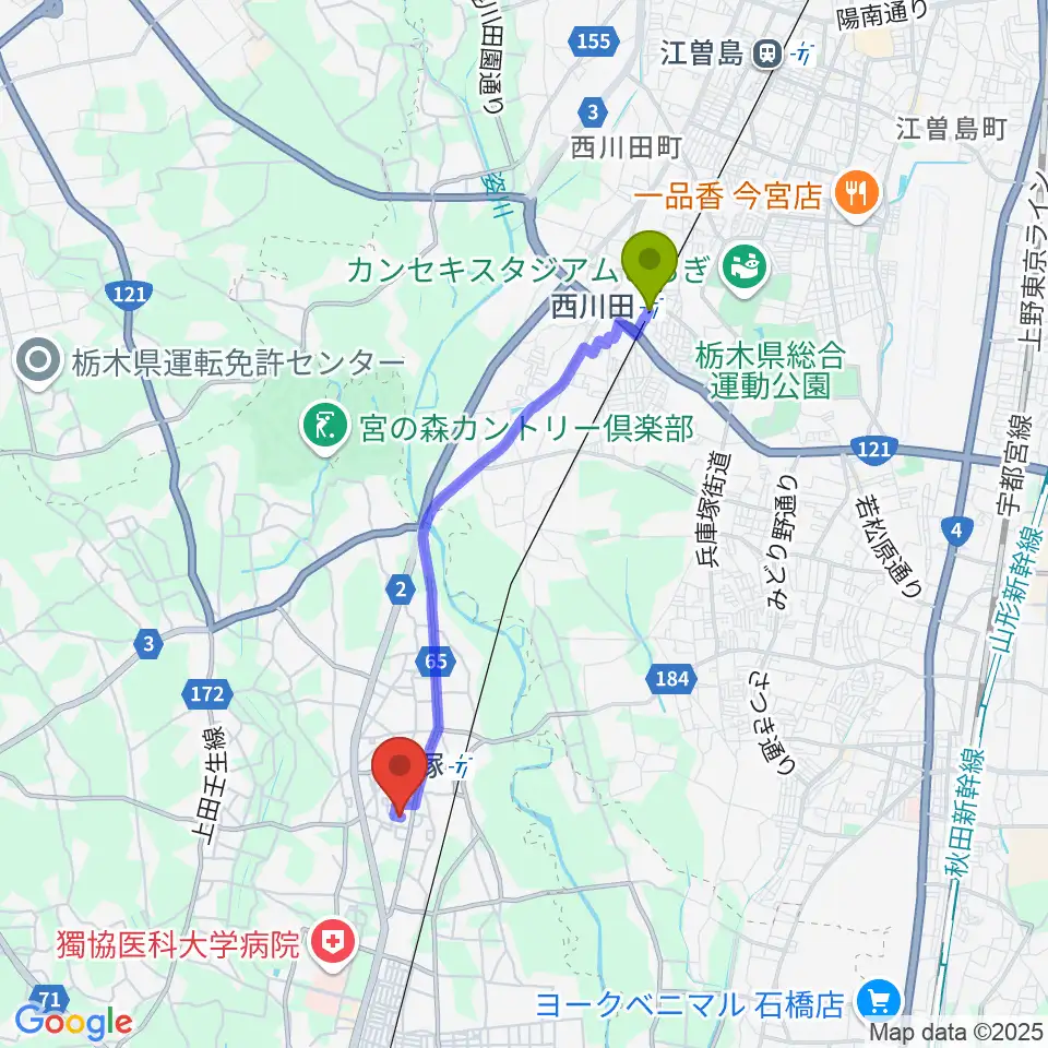 西川田駅からL.O.A Guitar Repairへのルートマップ地図