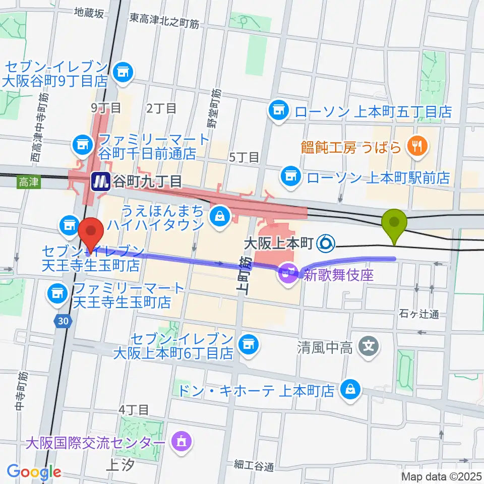 大阪上本町駅からドラムショップACT どらむ村へのルートマップ地図