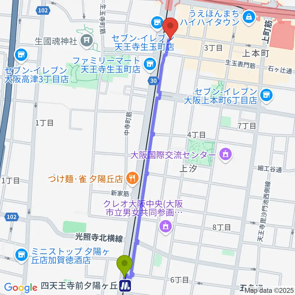 四天王寺前夕陽ヶ丘駅からドラムショップACT どらむ村へのルートマップ地図