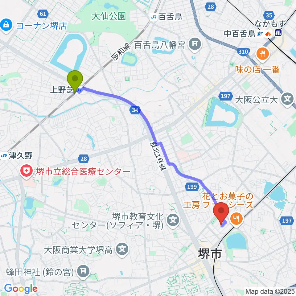 上野芝駅から森楽器へのルートマップ地図