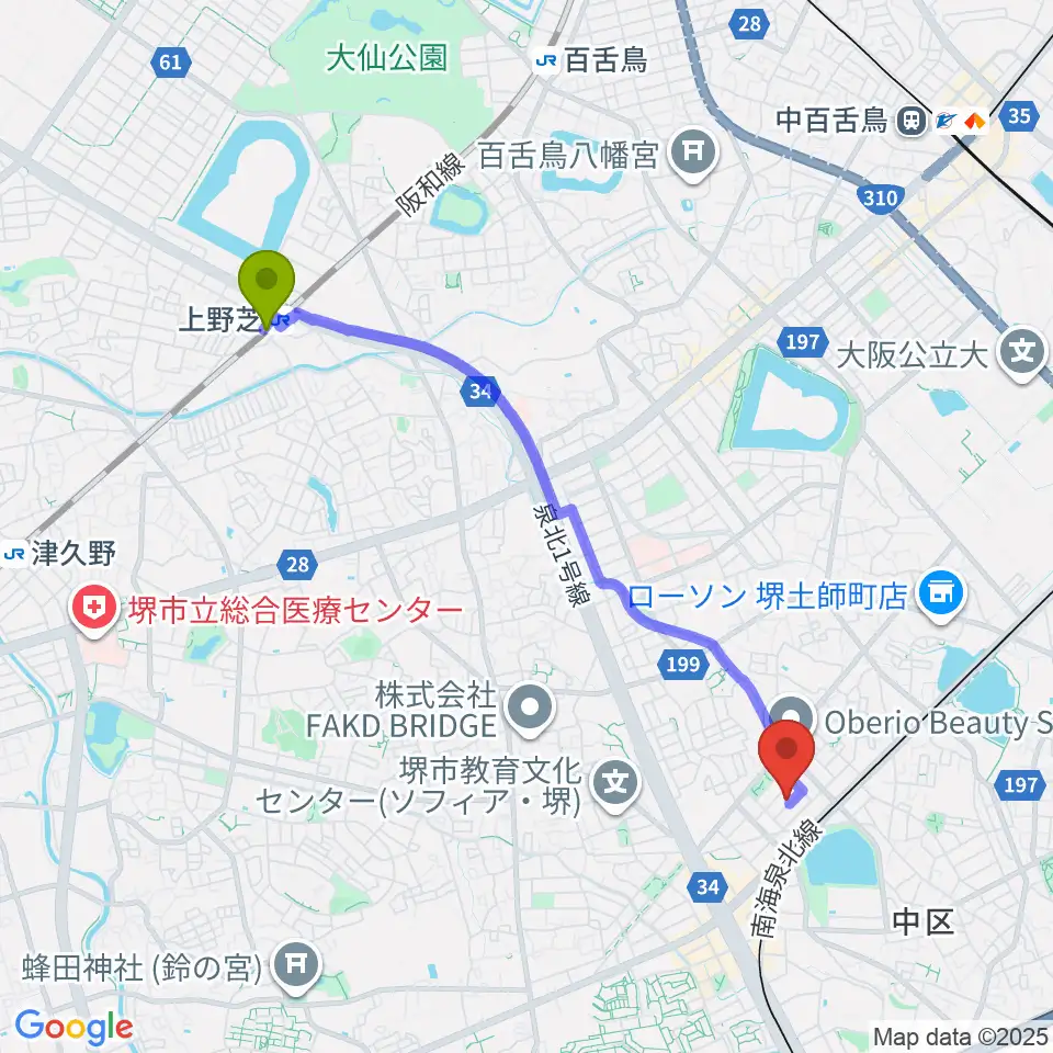 上野芝駅から森楽器へのルートマップ地図
