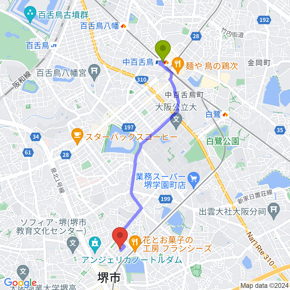 中百舌鳥駅から森楽器へのルートマップ地図