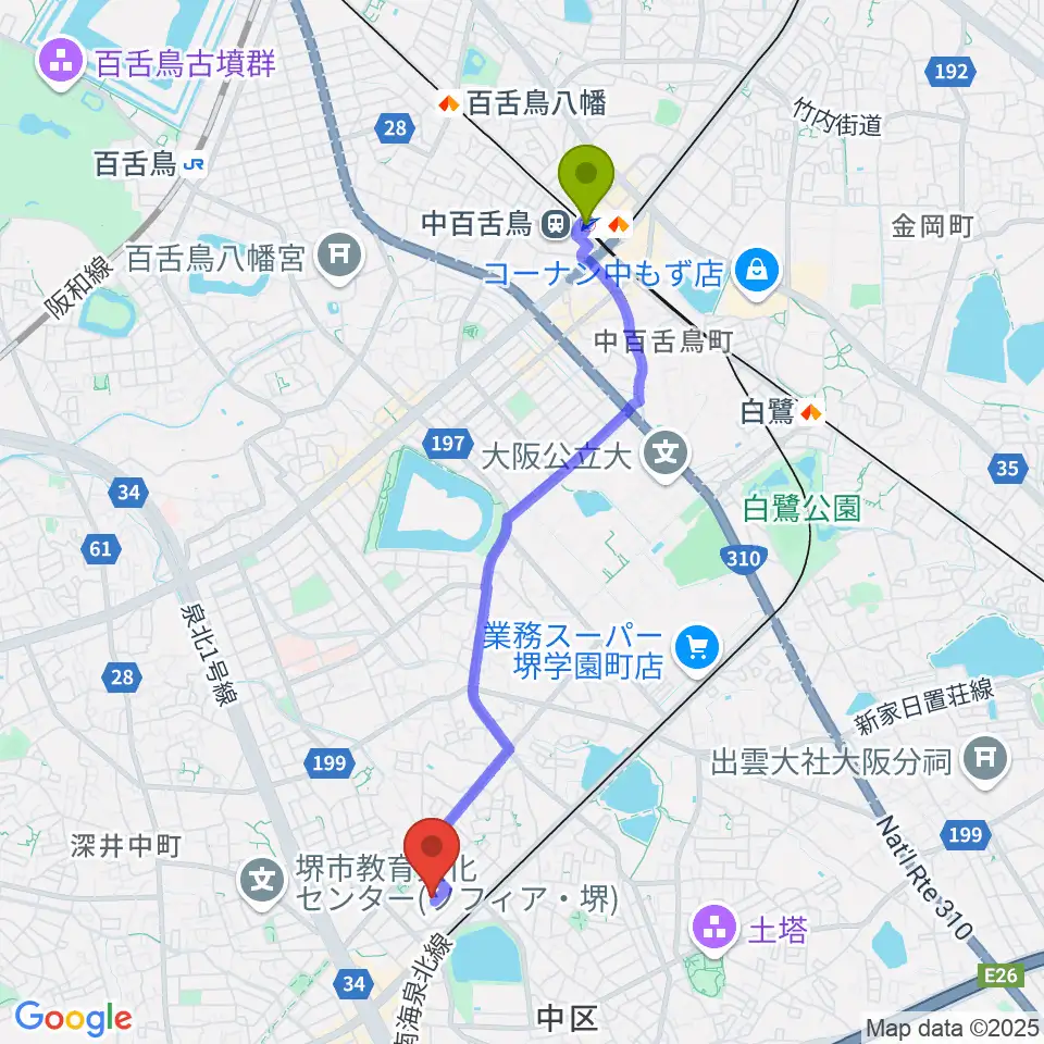 中百舌鳥駅から森楽器へのルートマップ地図