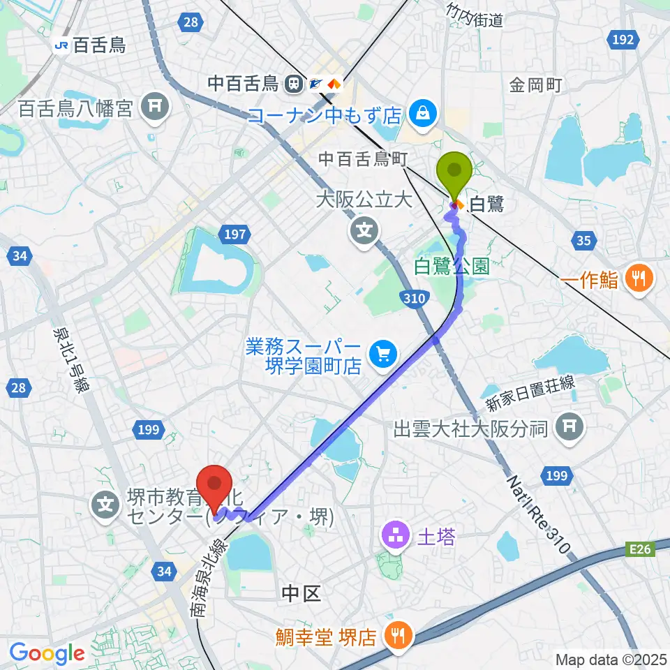 白鷺駅から森楽器へのルートマップ地図