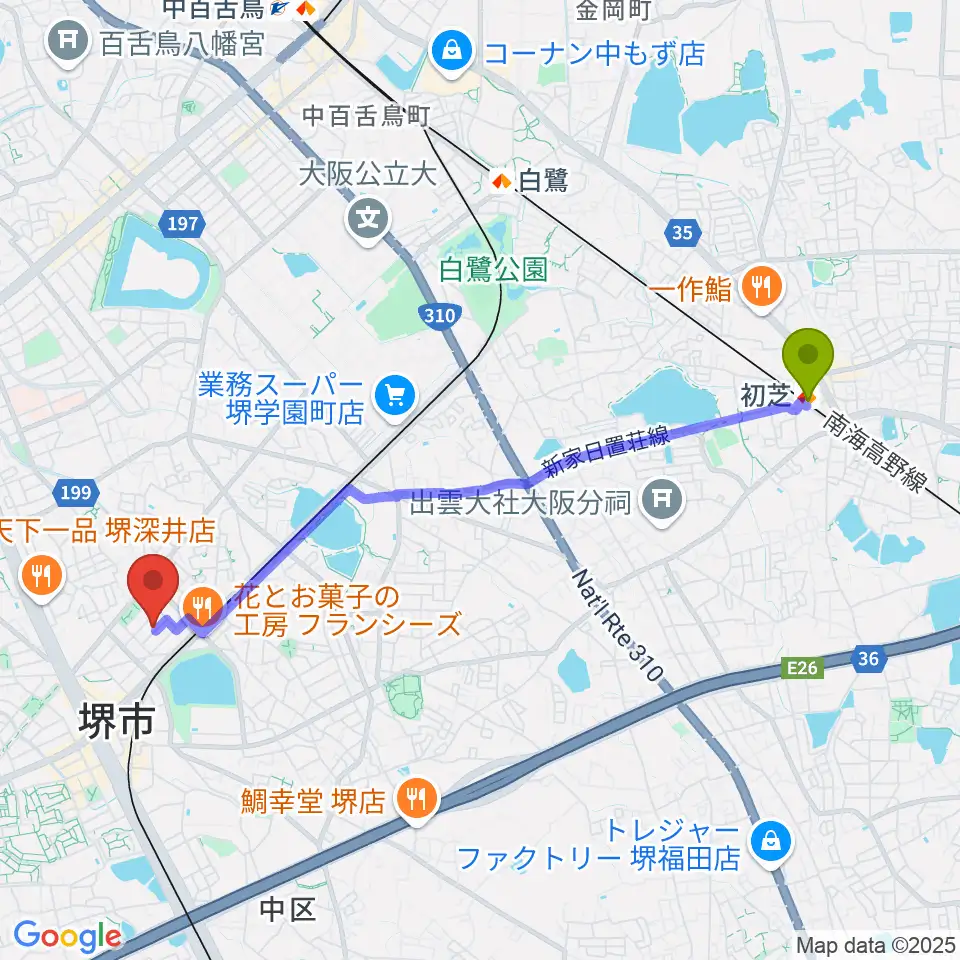初芝駅から森楽器へのルートマップ地図