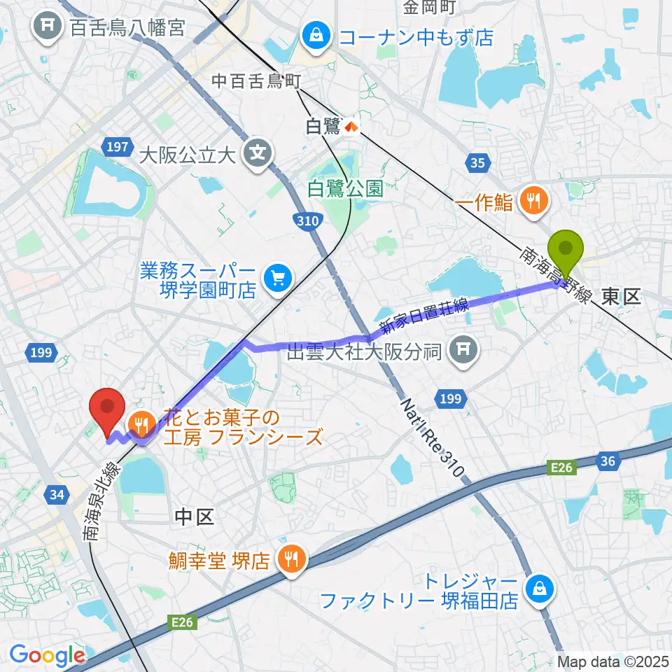 初芝駅から森楽器へのルートマップ地図