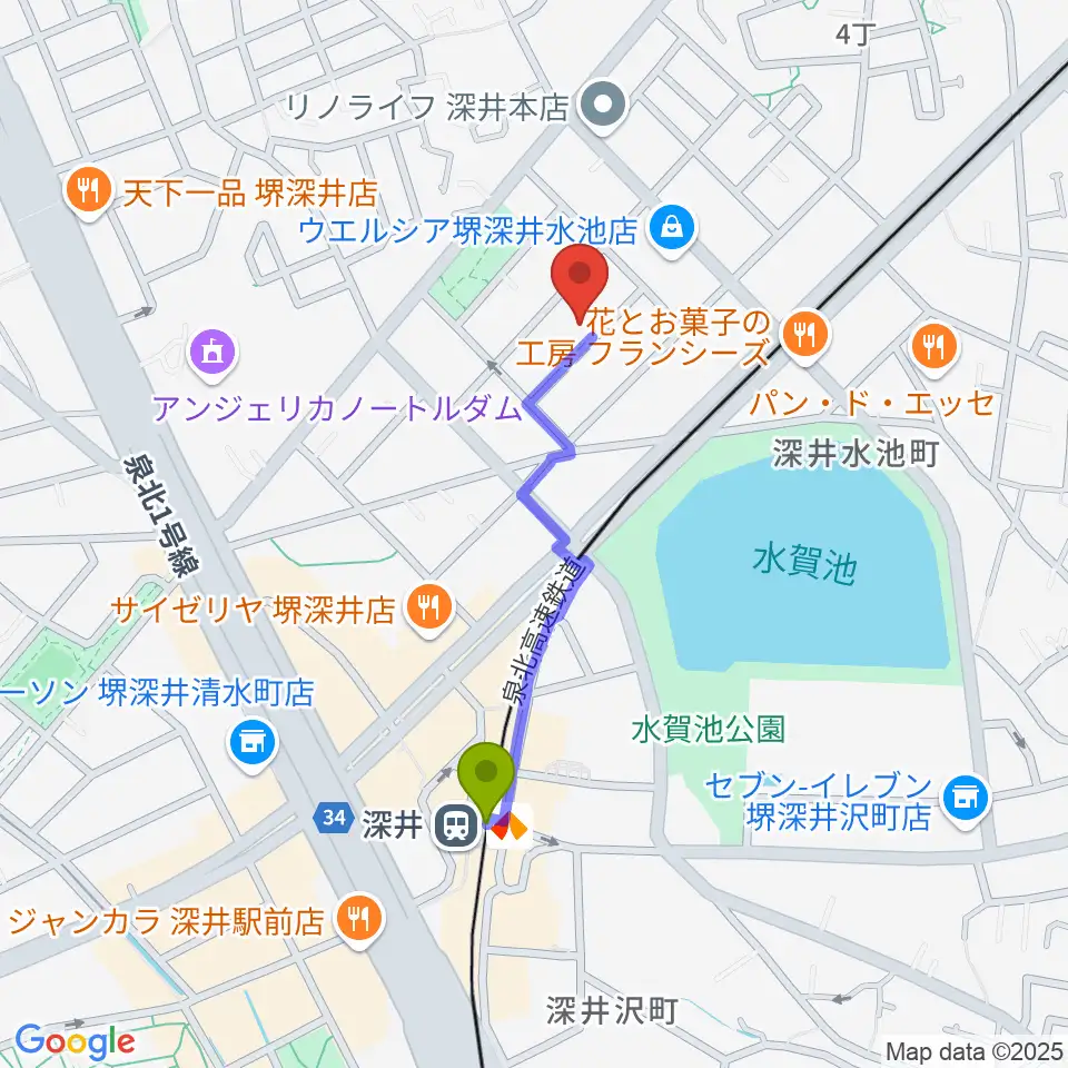 森楽器の最寄駅深井駅からの徒歩ルート（約7分）地図