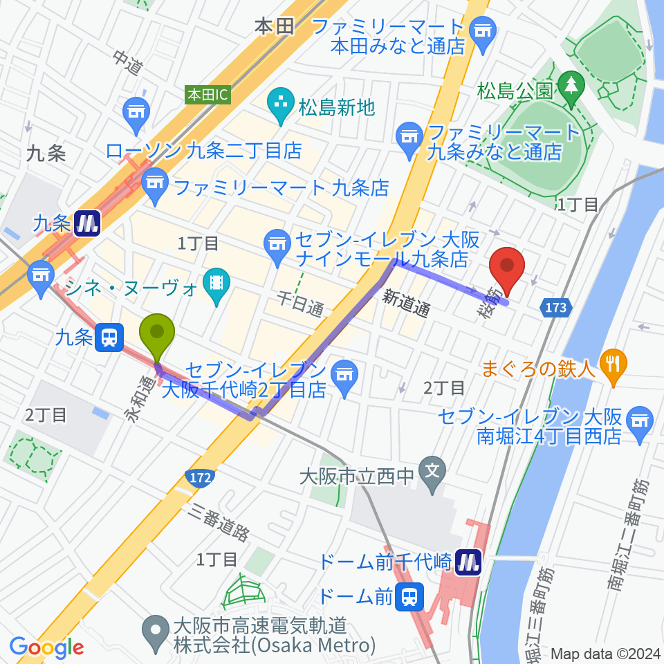 九条駅からMUSIC OFFICE ギターショップへのルートマップ地図