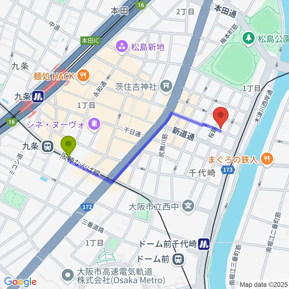 九条駅からMUSIC OFFICE ギターショップへのルートマップ地図