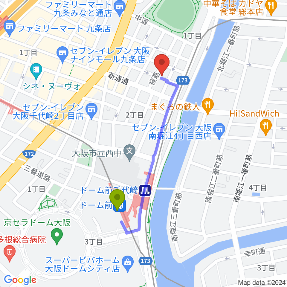 MUSIC OFFICE ギターショップの最寄駅ドーム前駅からの徒歩ルート（約8分）地図