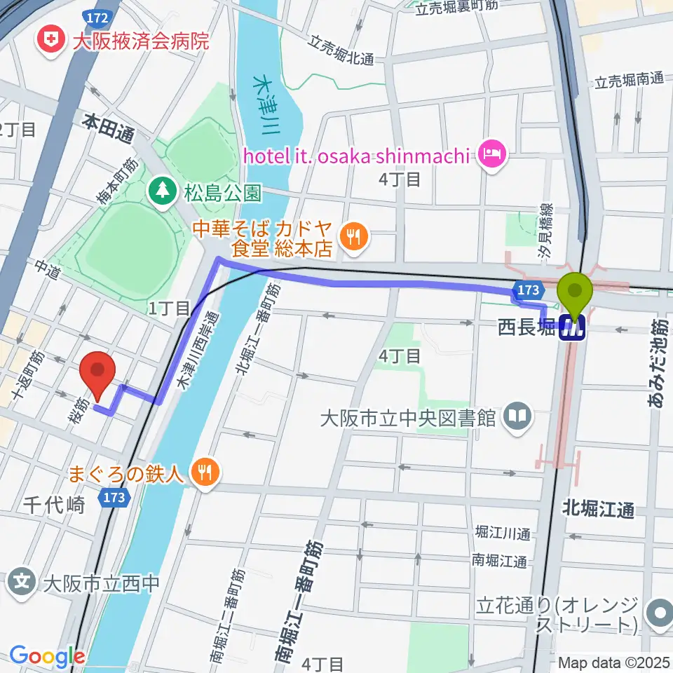 西長堀駅からMUSIC OFFICE ギターショップへのルートマップ地図