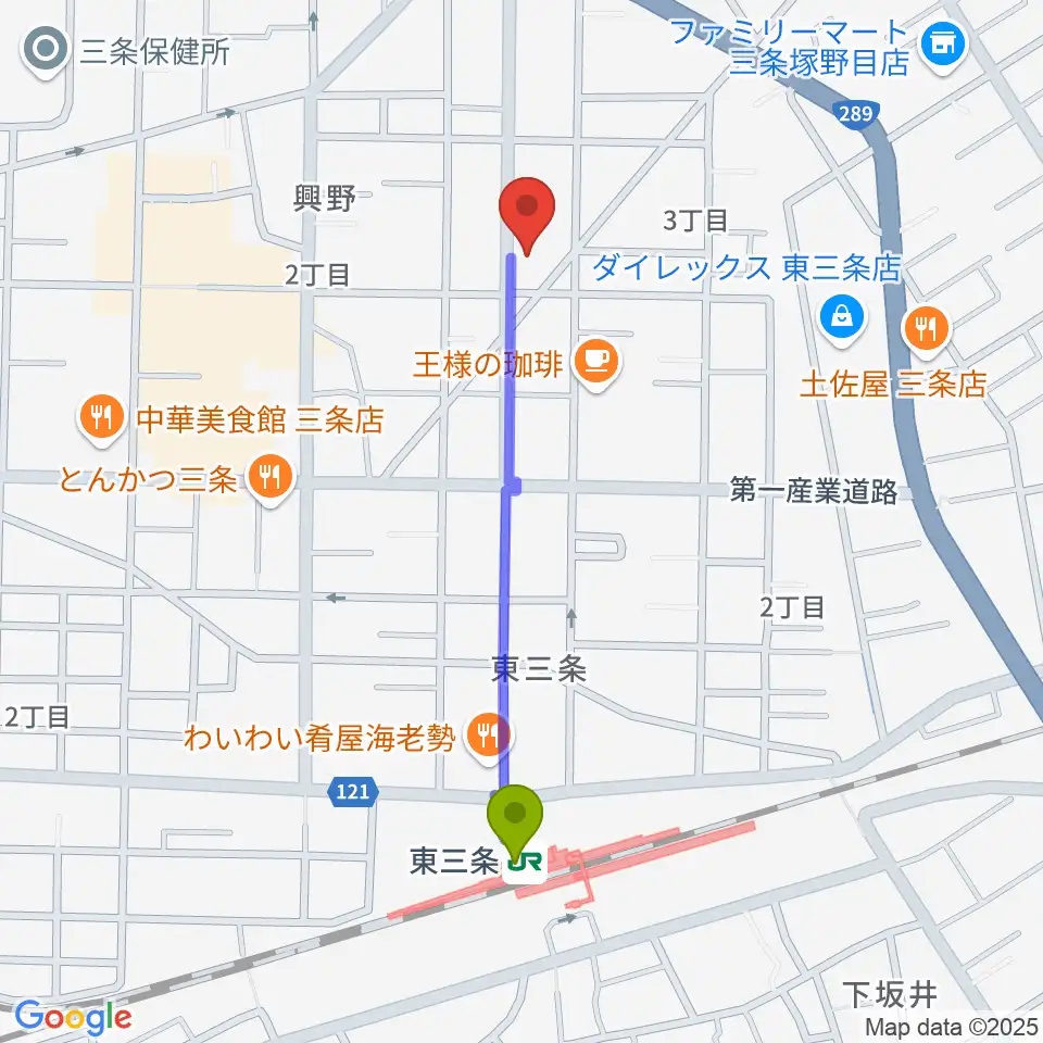 あぽろん三条店の最寄駅東三条駅からの徒歩ルート（約9分）地図
