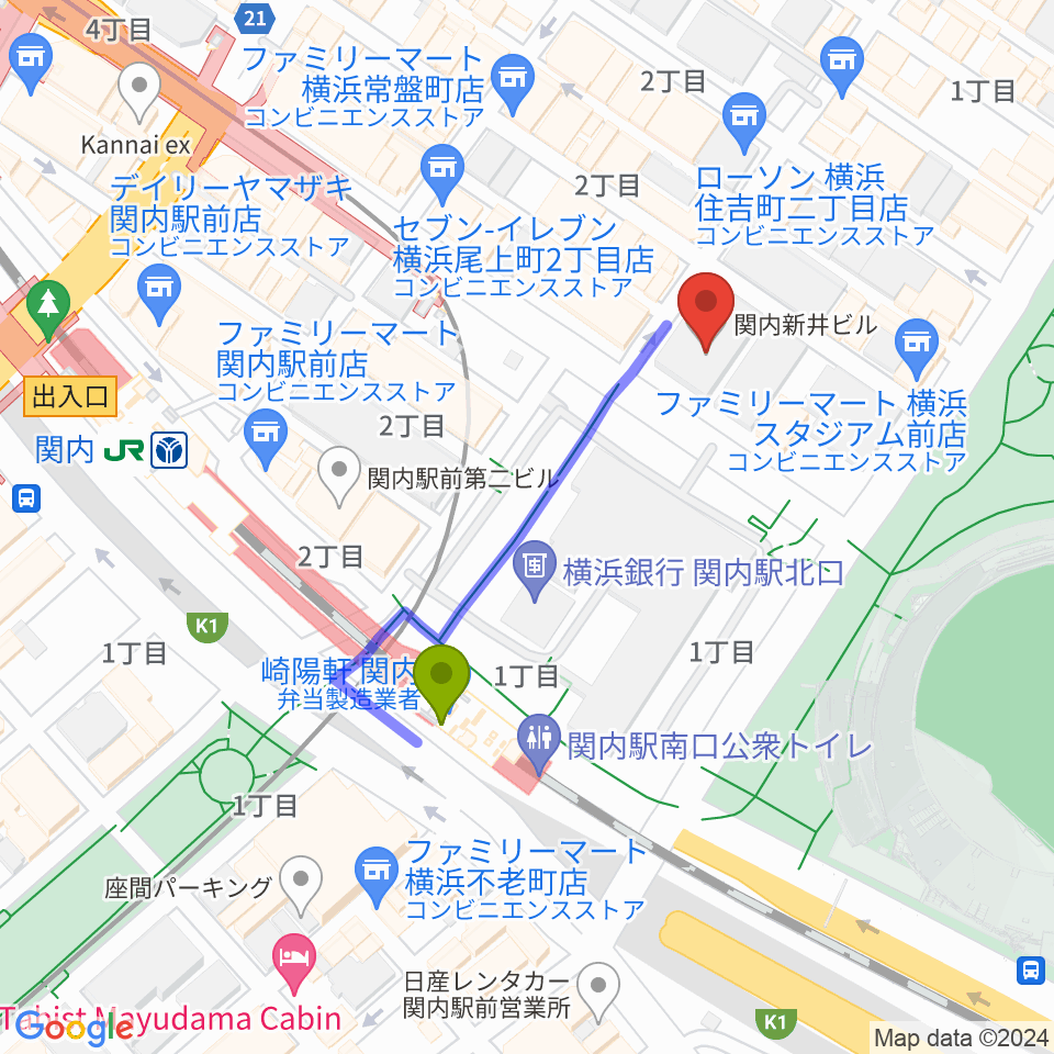 関内BarBarBarの最寄駅関内駅からの徒歩ルート（約3分）地図