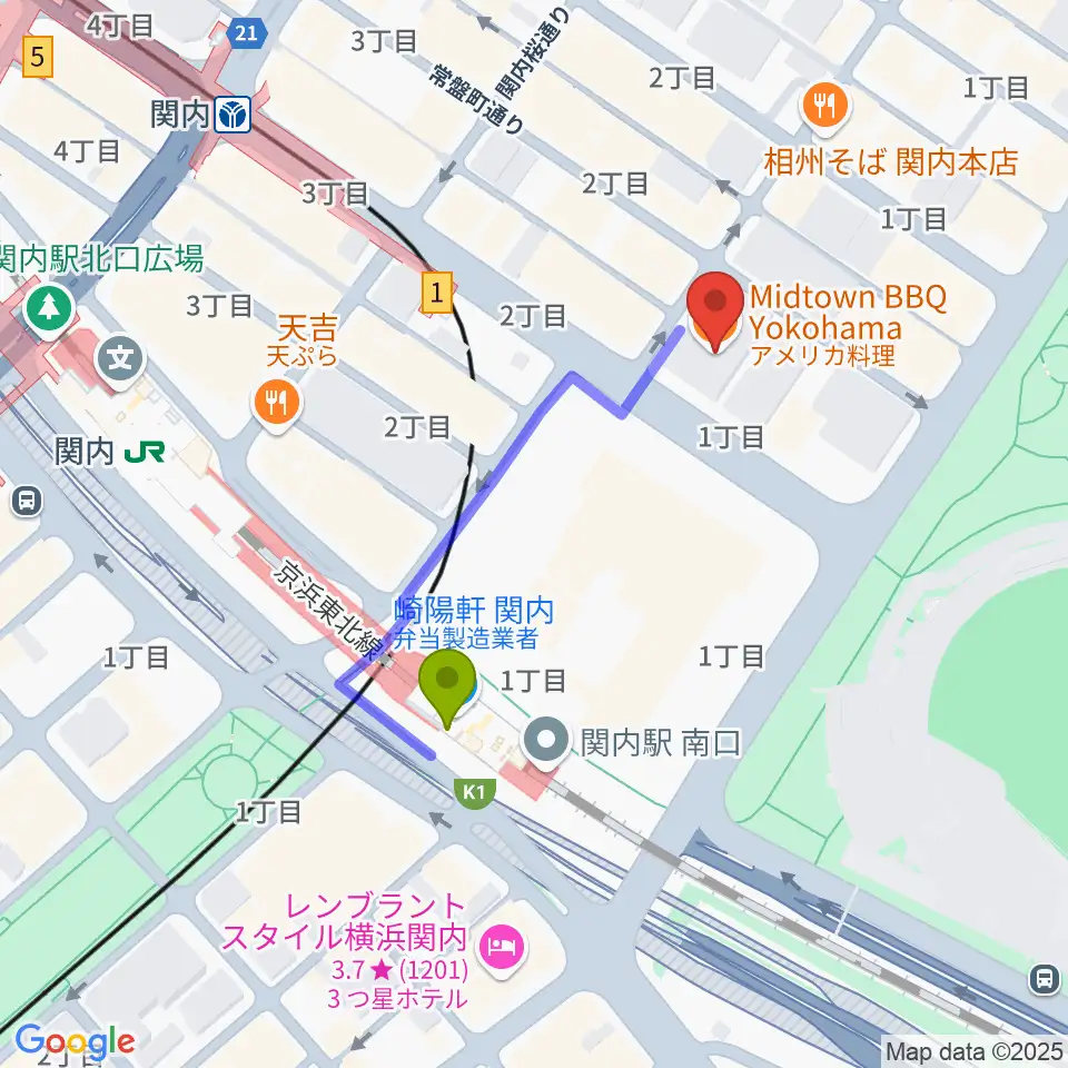 関内BarBarBarの最寄駅関内駅からの徒歩ルート（約3分）地図
