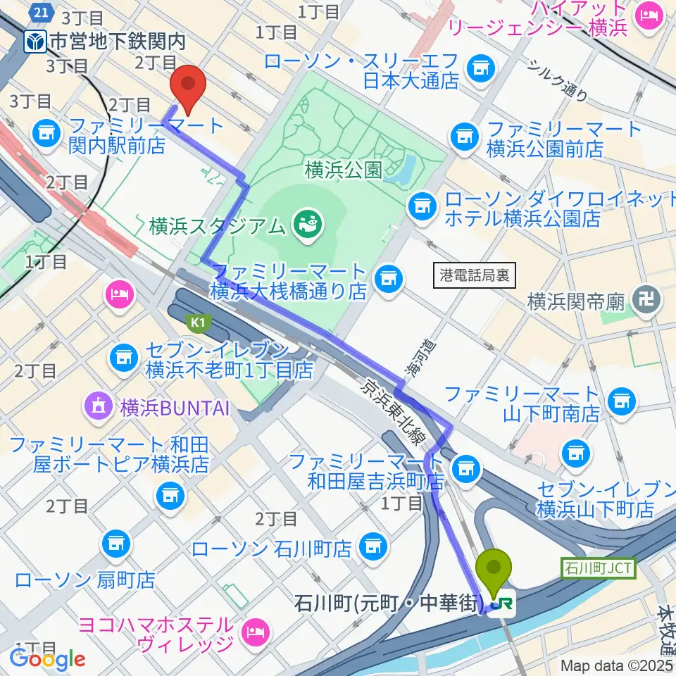 石川町駅から関内BarBarBarへのルートマップ地図