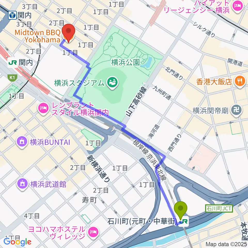 石川町駅から関内BarBarBarへのルートマップ地図