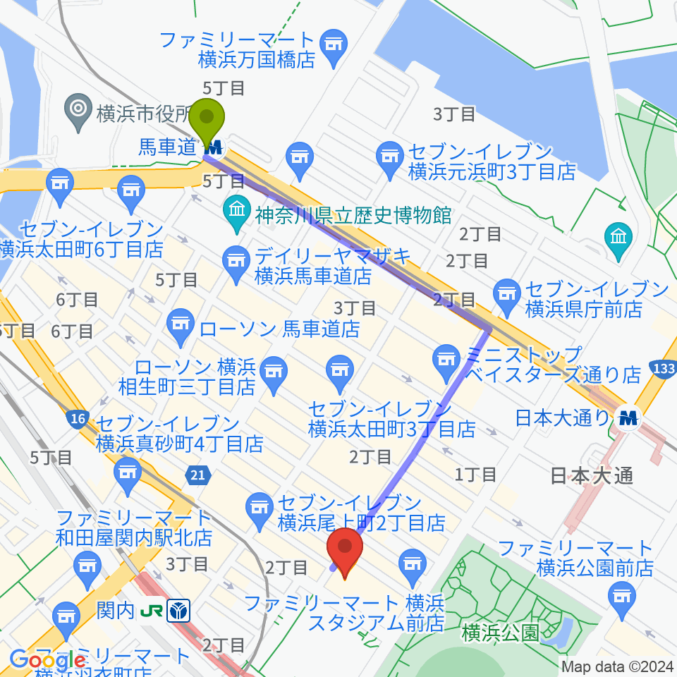 馬車道駅から関内BarBarBarへのルートマップ地図