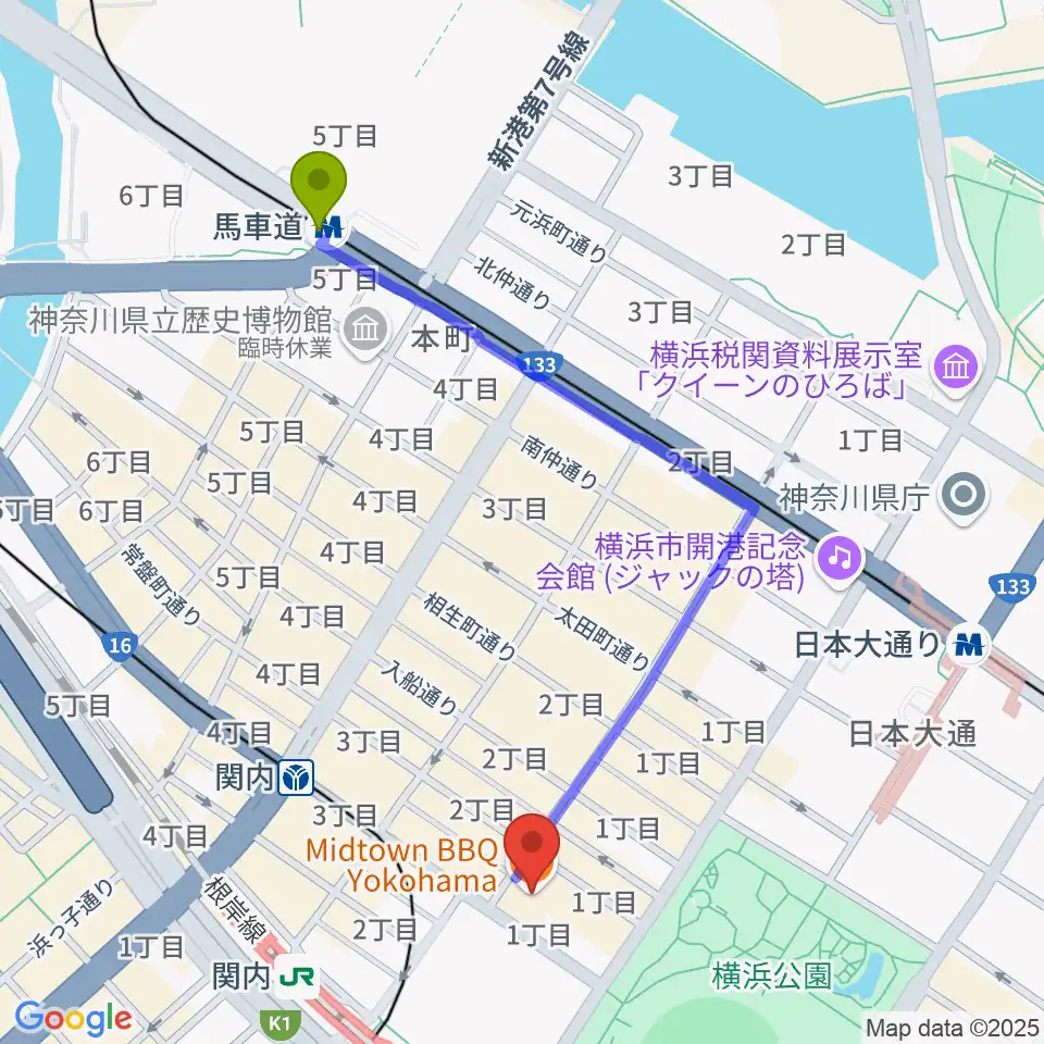 馬車道駅から関内BarBarBarへのルートマップ地図
