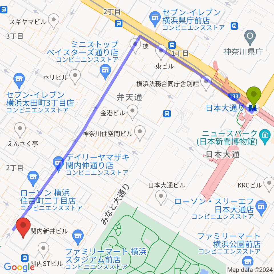 日本大通り駅から関内BarBarBarへのルートマップ地図