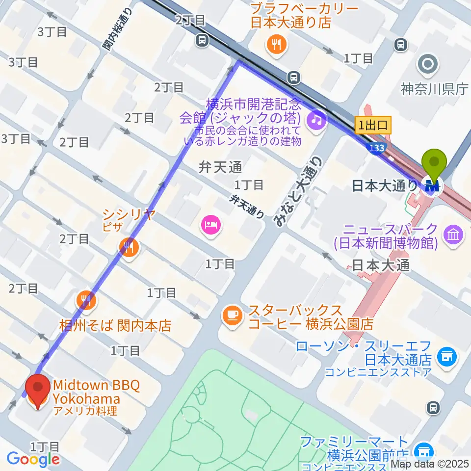 日本大通り駅から関内BarBarBarへのルートマップ地図