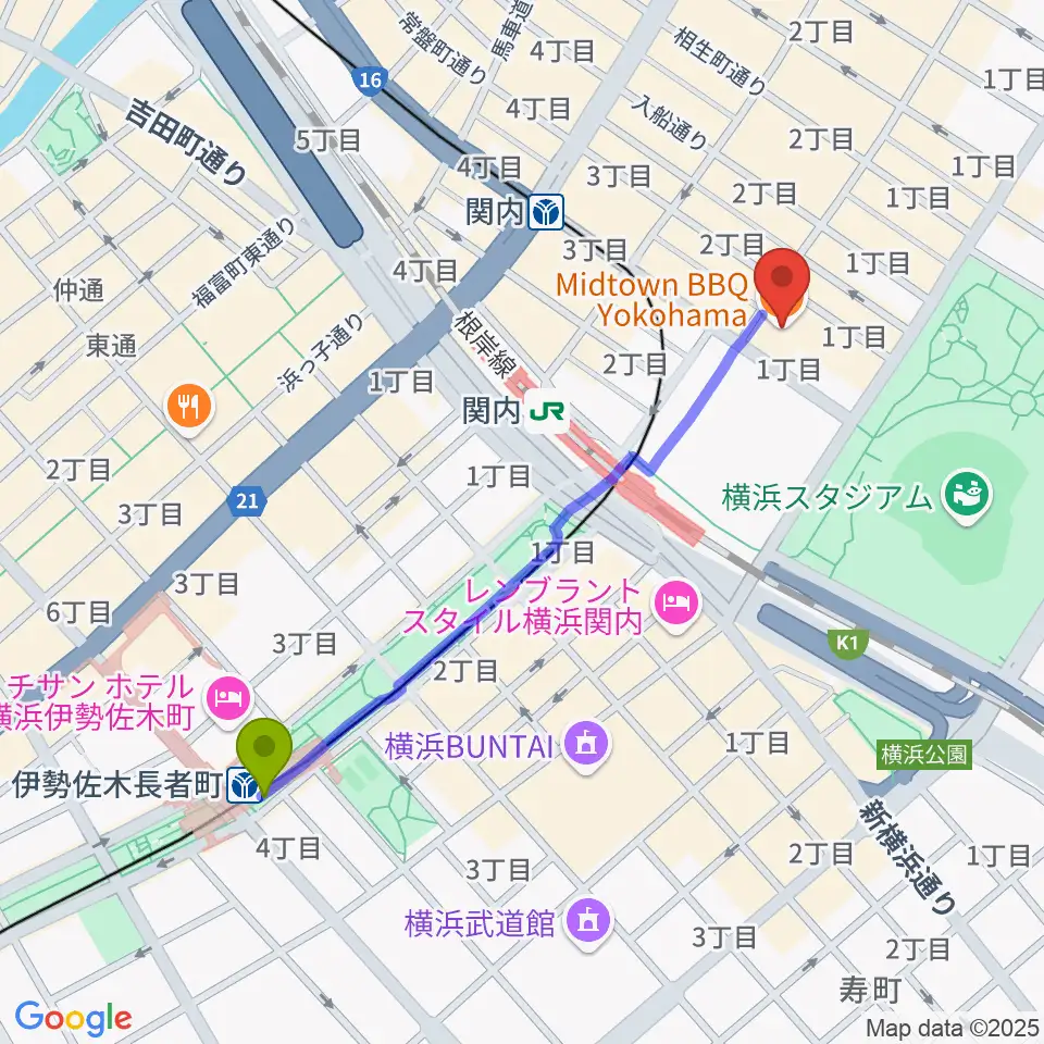 伊勢佐木長者町駅から関内BarBarBarへのルートマップ地図