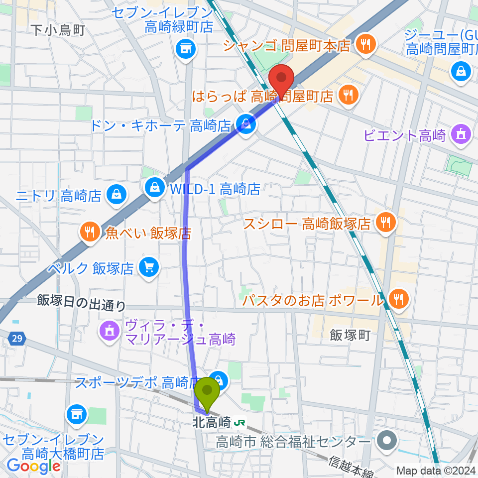 北高崎駅からピアノプラザ群馬 高崎本店へのルートマップ地図