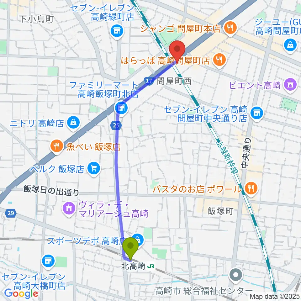 北高崎駅からピアノプラザ群馬 高崎本店へのルートマップ地図