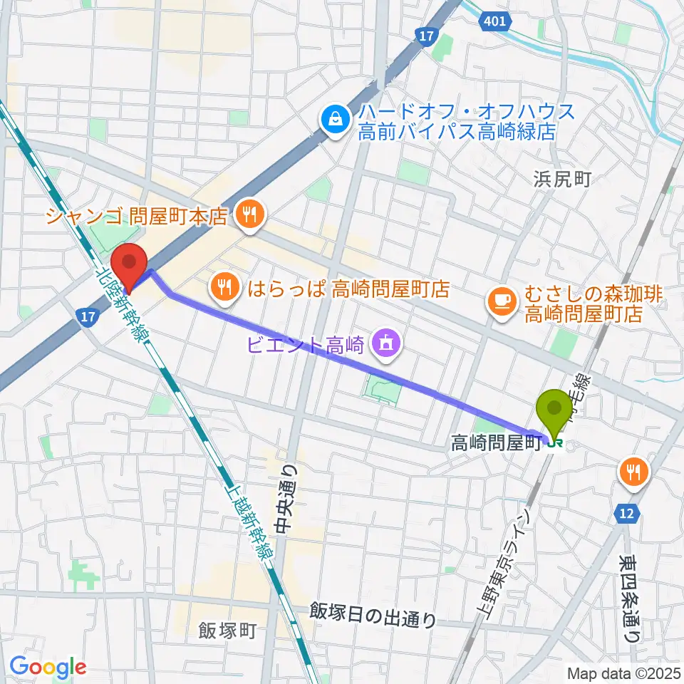 ピアノプラザ群馬 高崎本店の最寄駅高崎問屋町駅からの徒歩ルート（約20分）地図