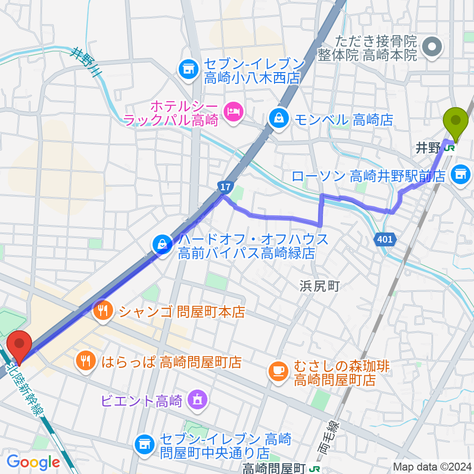 井野駅からピアノプラザ群馬 高崎本店へのルートマップ地図