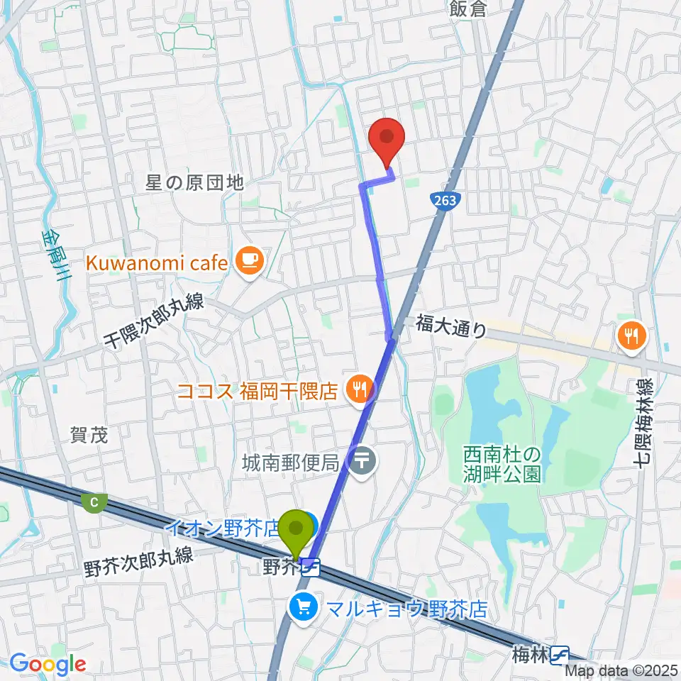 野芥駅からフジシマカスタムギターへのルートマップ地図