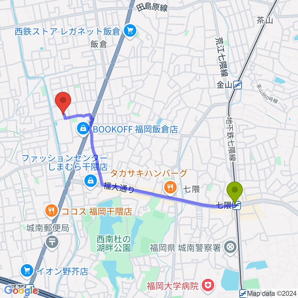 七隈駅からフジシマカスタムギターへのルートマップ地図