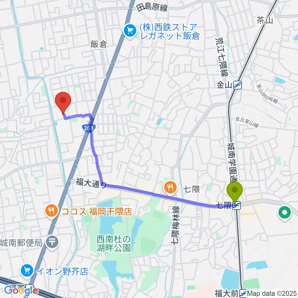 七隈駅からフジシマカスタムギターへのルートマップ地図