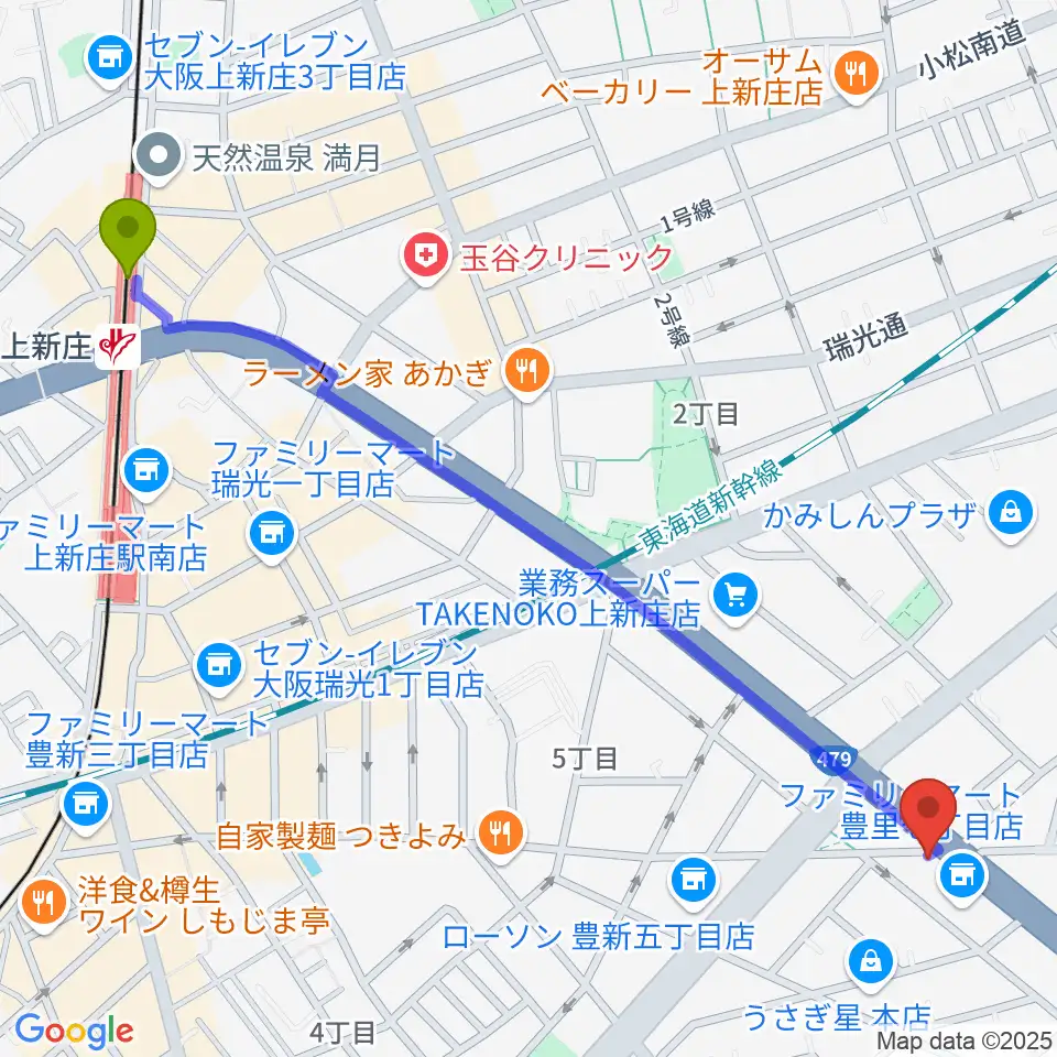 上新庄駅からウエイド・インスツルメンツへのルートマップ地図