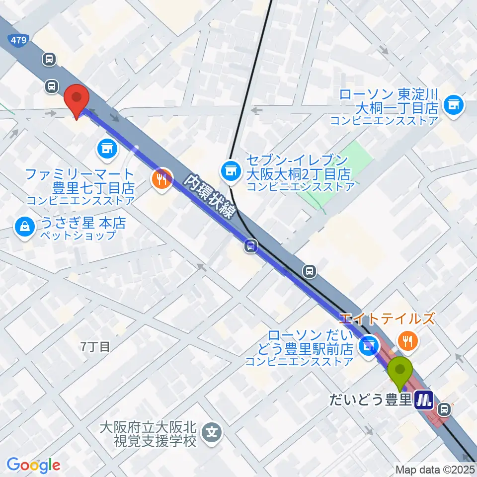 ウエイド・インスツルメンツの最寄駅だいどう豊里駅からの徒歩ルート（約7分）地図