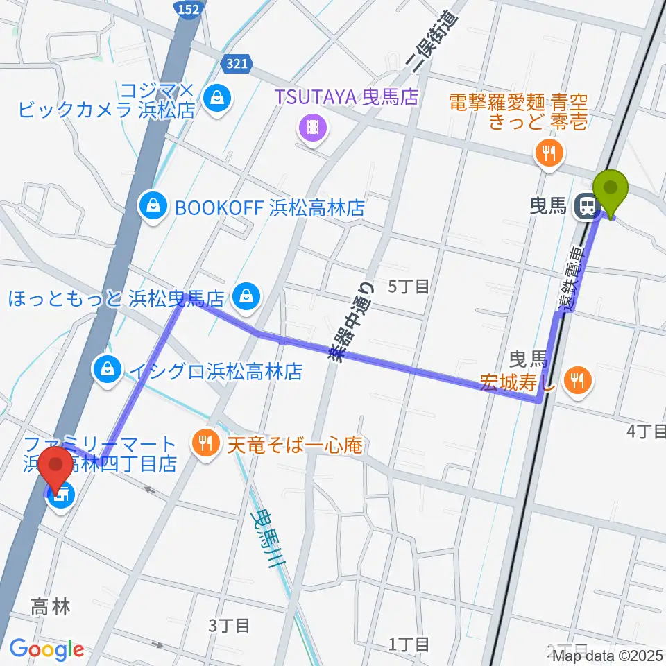 曳馬駅からソニックスへのルートマップ地図