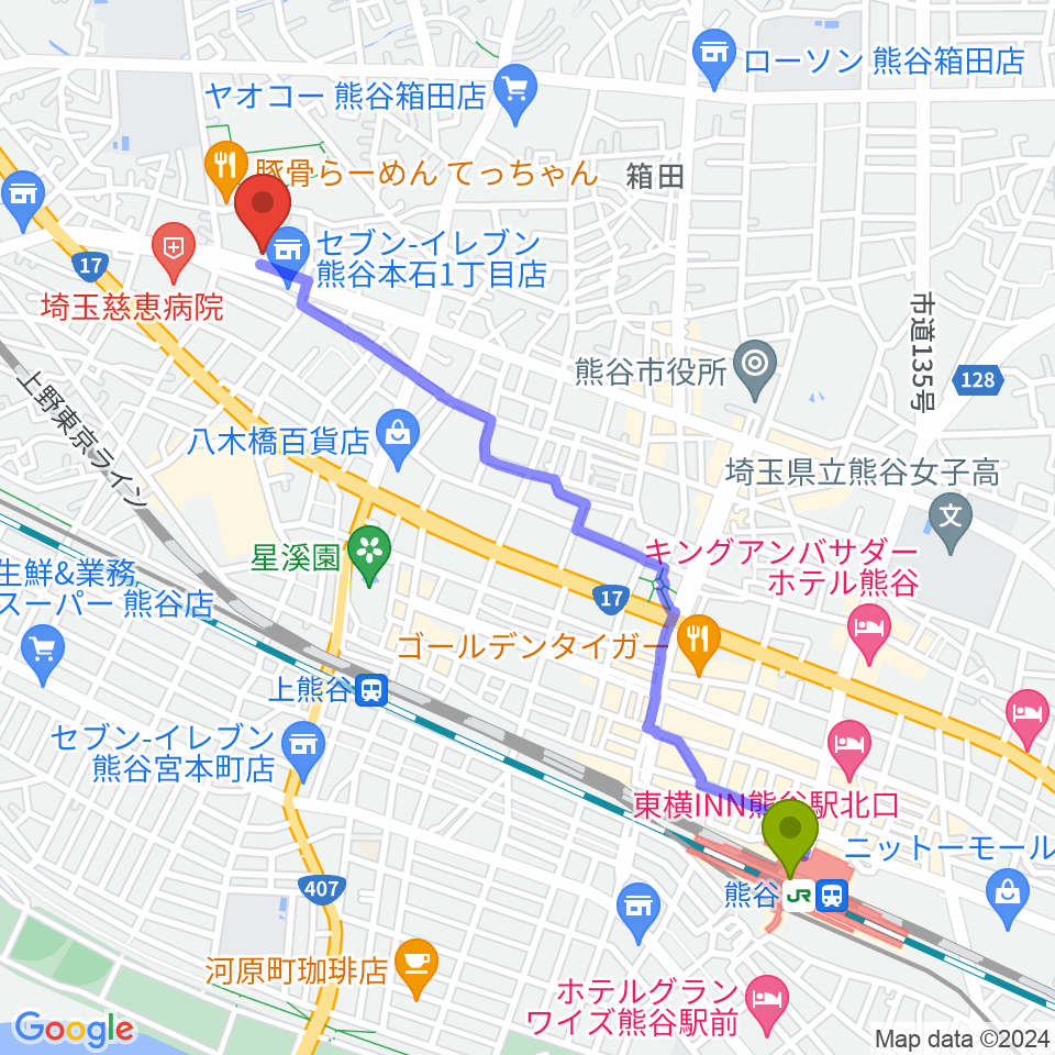 熊谷駅からフジクラ楽器へのルートマップ地図