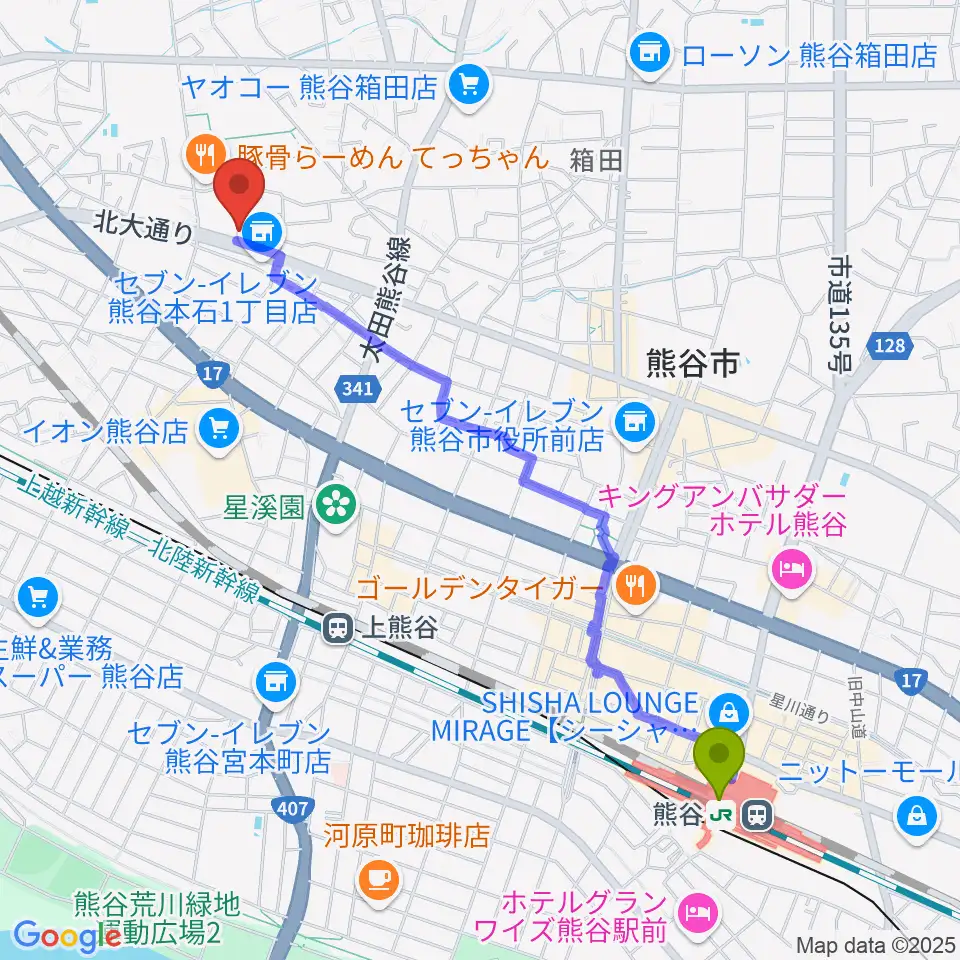 熊谷駅からフジクラ楽器へのルートマップ地図