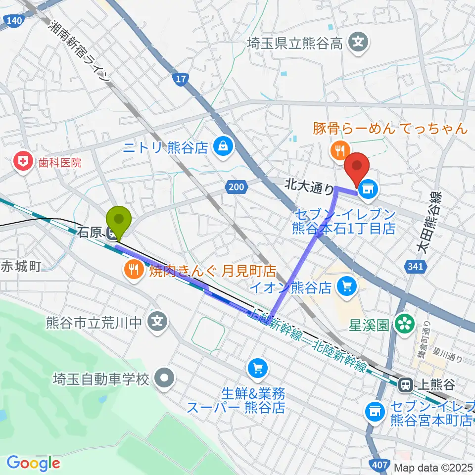 石原駅からフジクラ楽器へのルートマップ地図