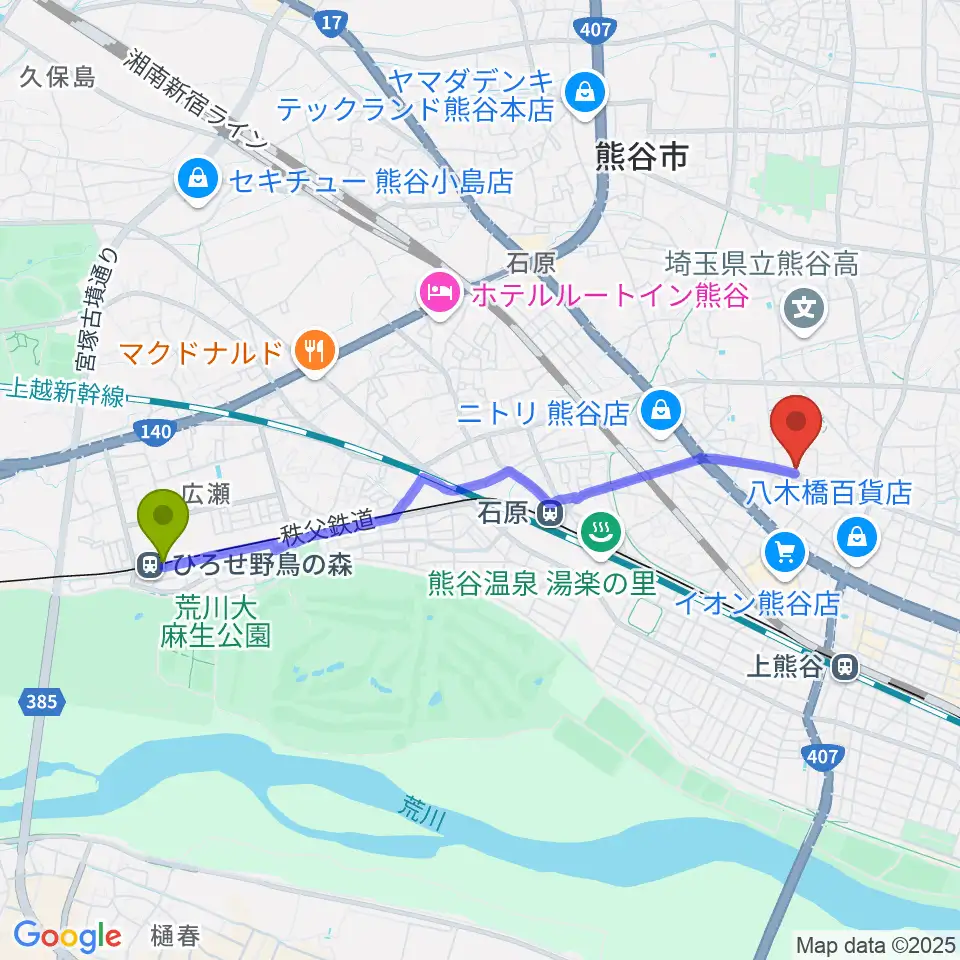 ひろせ野鳥の森駅からフジクラ楽器へのルートマップ地図