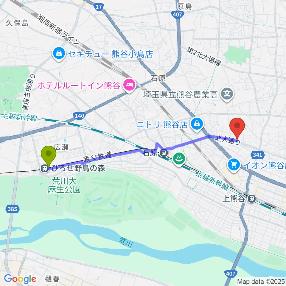 ひろせ野鳥の森駅からフジクラ楽器へのルートマップ地図