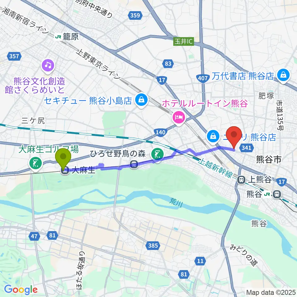 大麻生駅からフジクラ楽器へのルートマップ地図
