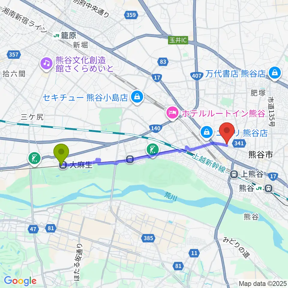 大麻生駅からフジクラ楽器へのルートマップ地図