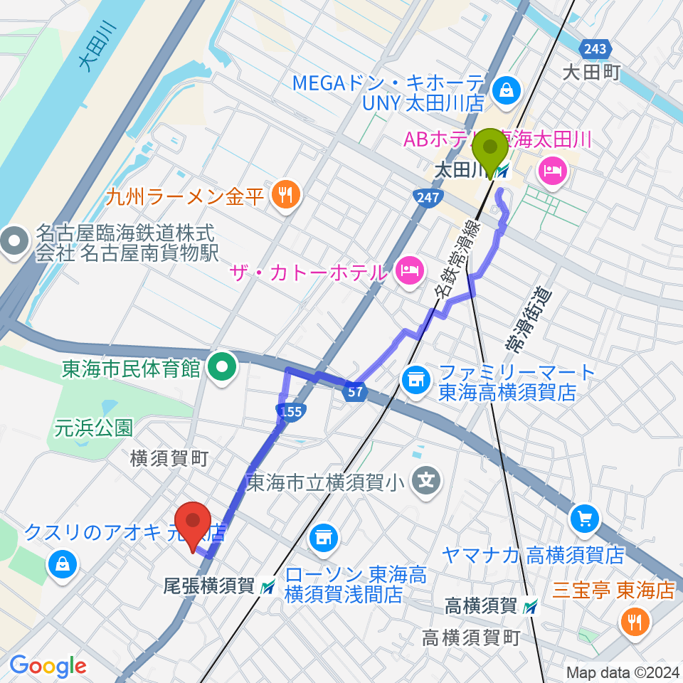 太田川駅からカワベフルート工房へのルートマップ地図