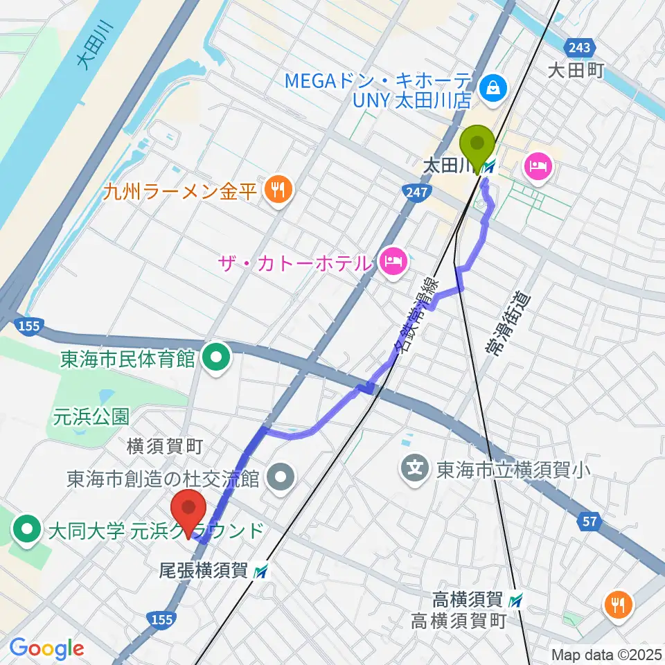 太田川駅からカワベフルート工房へのルートマップ地図