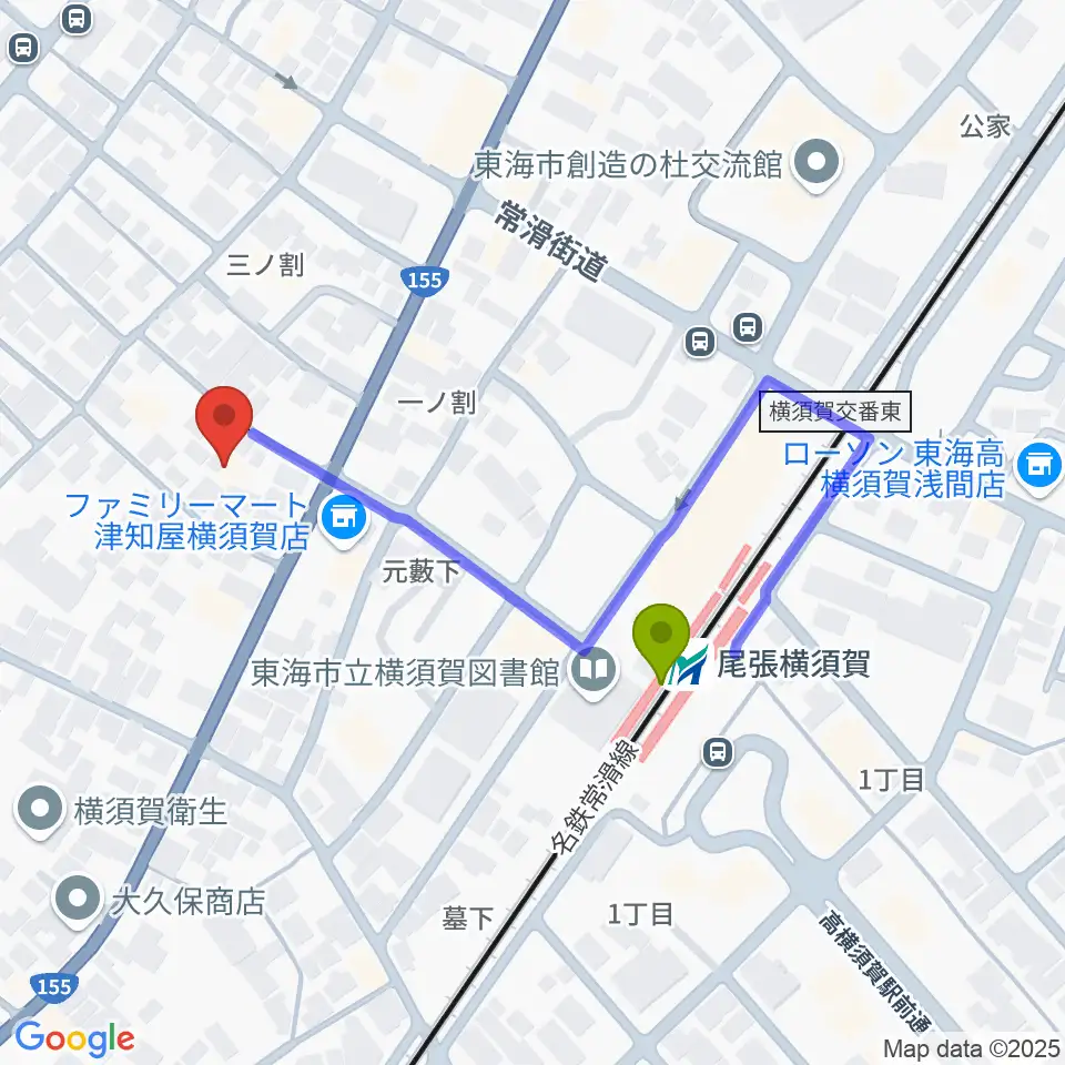 カワベフルート工房の最寄駅尾張横須賀駅からの徒歩ルート（約4分）地図