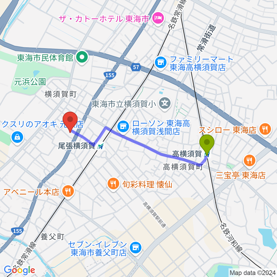 高横須賀駅からカワベフルート工房へのルートマップ地図