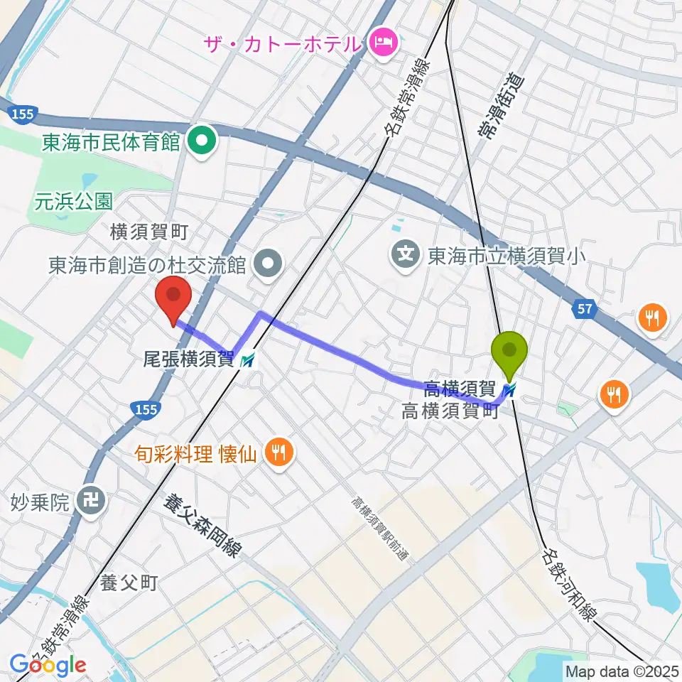 高横須賀駅からカワベフルート工房へのルートマップ地図